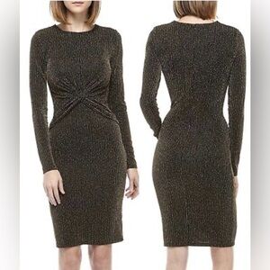 Michael Kors Black/Gold Pinstripe Twist Waist Stretch Knit Dress